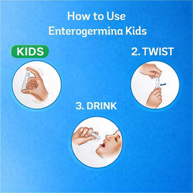 EnterogerminaKids label close-up showing gluten free lactose free sugar free benefits