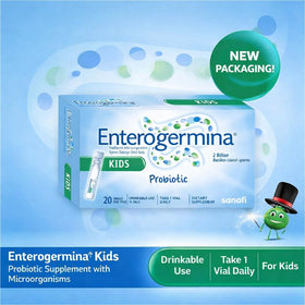 Pouring liquid texture from an EnterogerminaKids vial illustrating easy administration