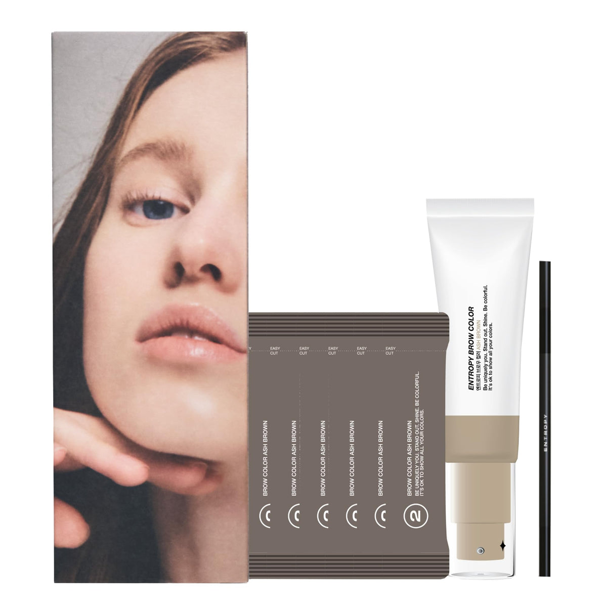 ENTROPY MAKE UP front packaging showing ash brown kit and benefits