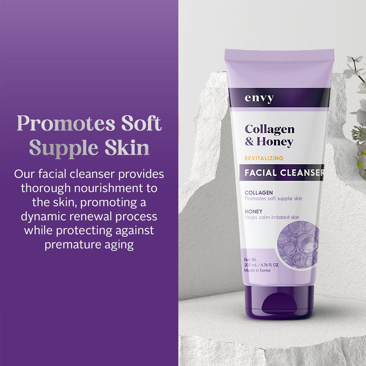 Envy pump dispensing cleanser texture close-up highlighting hydrating formula benefit