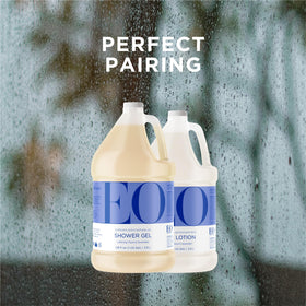 EO bottle staged in a bathroom setting conveying a calming shower ritual