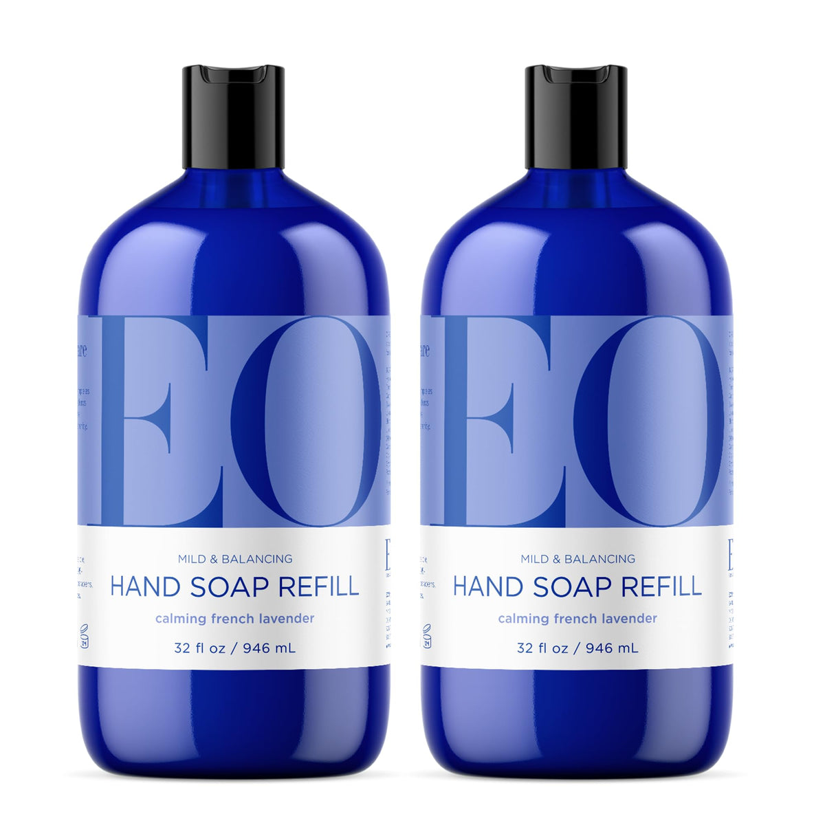EO front packaging showing two 32 ounce refill bottles and product benefits