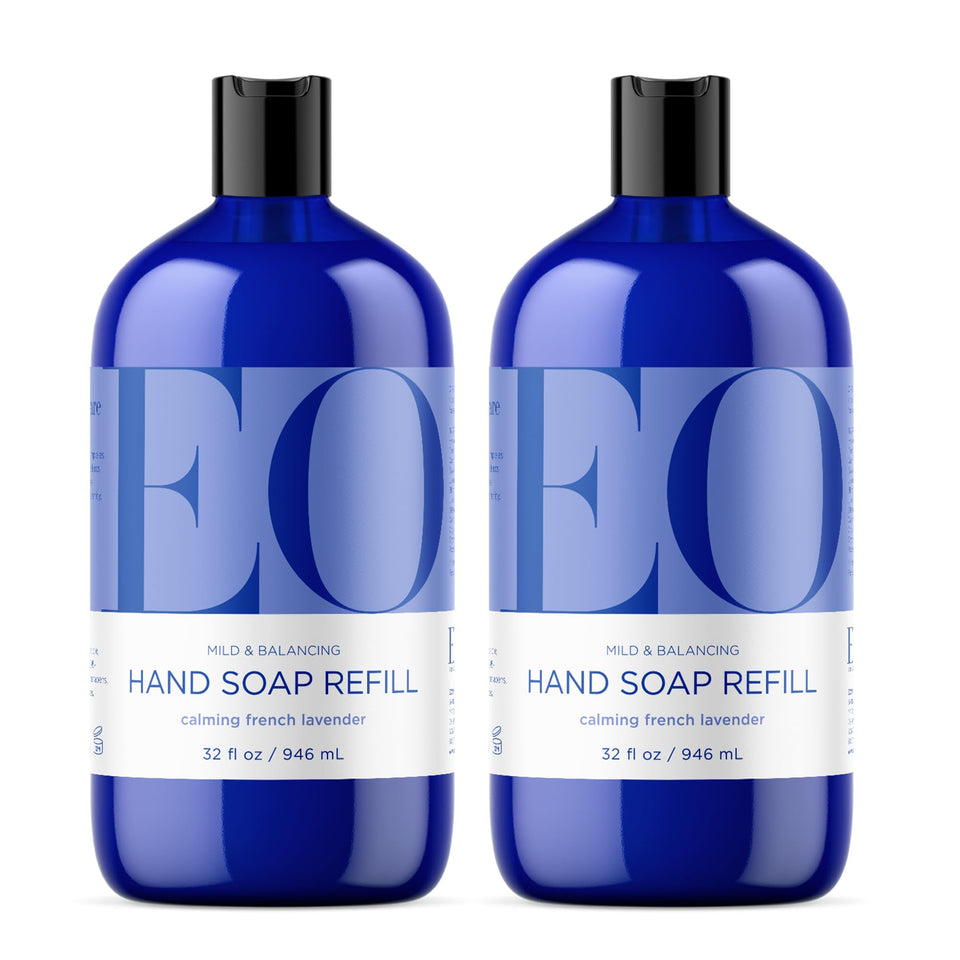 EO front packaging showing two 32 ounce refill bottles and product benefits