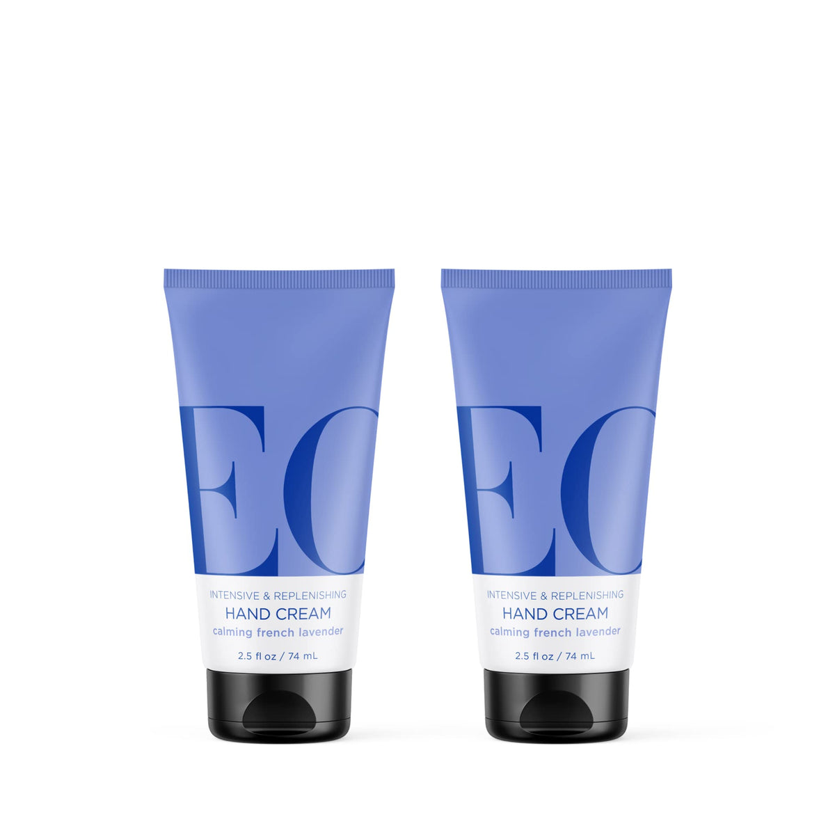 EO front packaging showing two lavender hand cream tubes and travel convenience