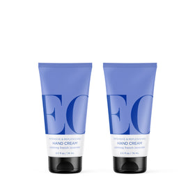 EO front packaging showing two lavender hand cream tubes and travel convenience