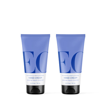 EO front packaging showing two lavender hand cream tubes and travel convenience