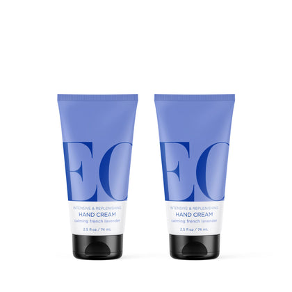 EO front packaging showing two lavender hand cream tubes and travel convenience