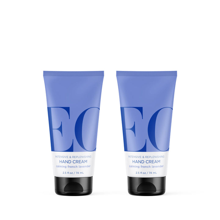 EO front packaging showing two lavender hand cream tubes and travel convenience