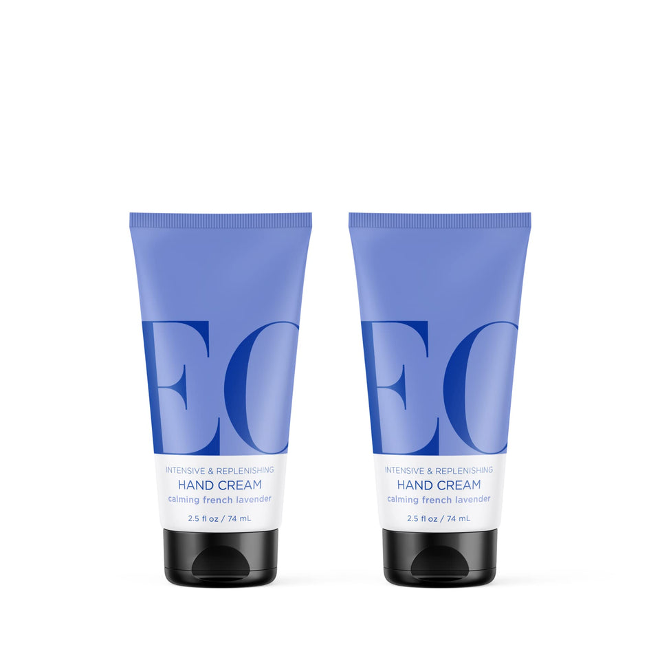 EO front packaging showing two lavender hand cream tubes and travel convenience