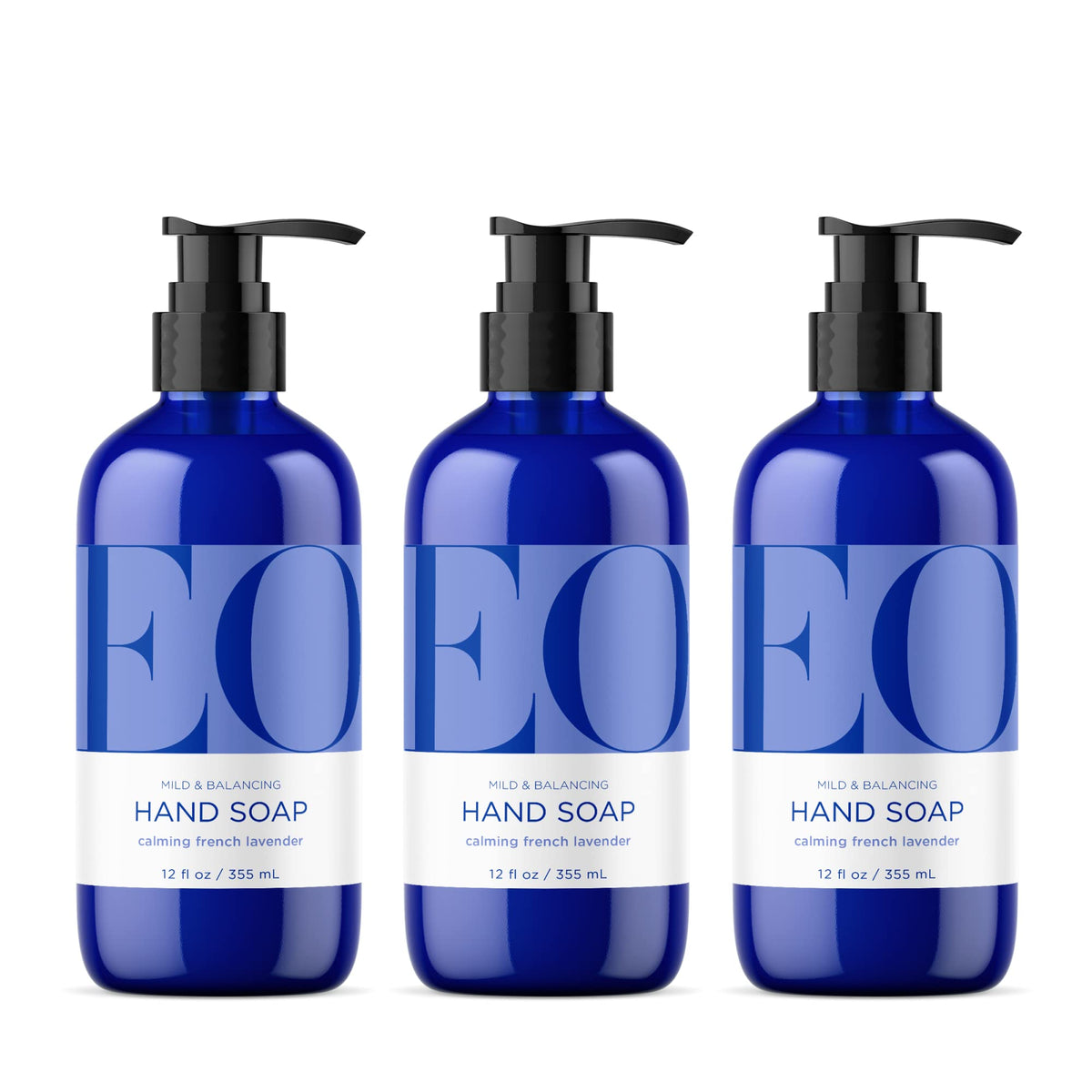 EO front packaging showing three bottles and calming lavender scent benefit