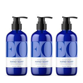 EO front packaging showing three bottles and calming lavender scent benefit