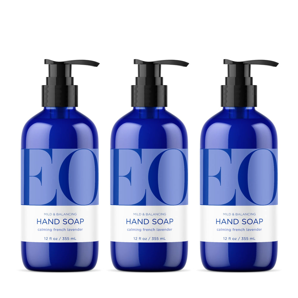 EO front packaging showing three bottles and calming lavender scent benefit