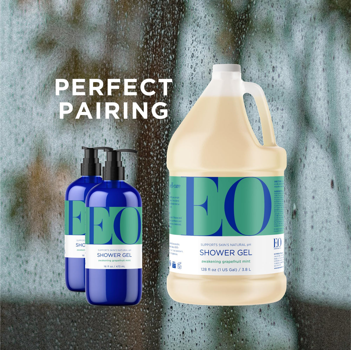 EO grapefruit mint in-shower use with hand applying gel for refreshing cleanse benefit