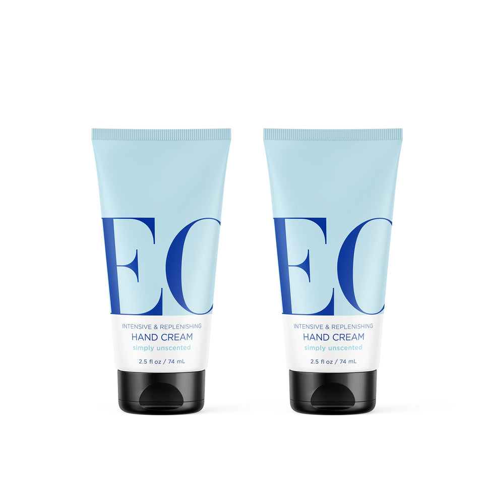 EO hand cream front packaging showing two 2.5 oz bottles for convenient hydration