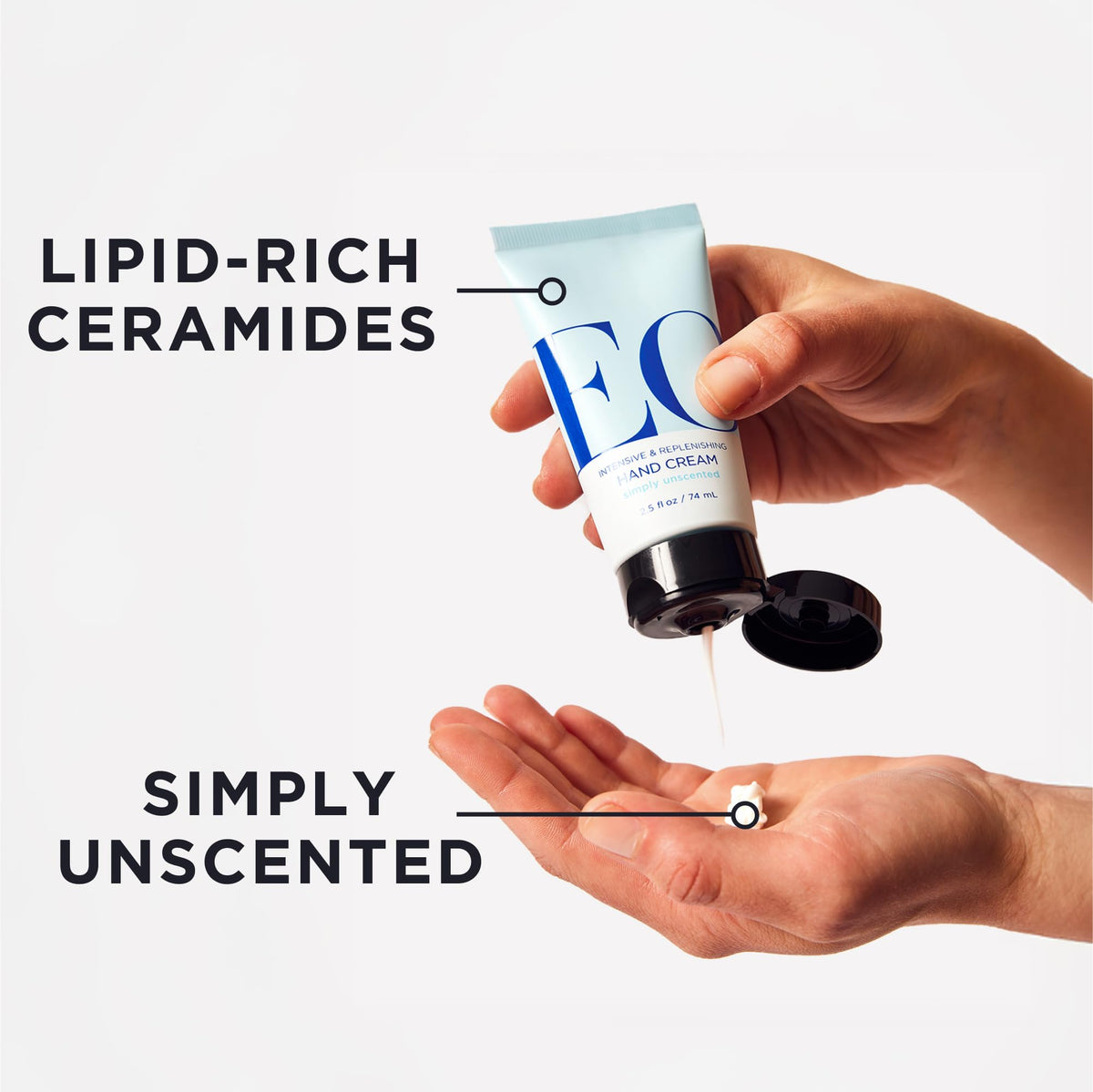 EO hand cream pump nozzle close-up demonstrating easy, mess-free dispensing
