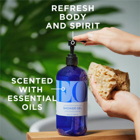 EO pouring gel into hand to show lather and easy application benefit