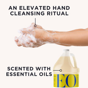 EO pouring soap from gallon into dispenser showing easy refill and low waste