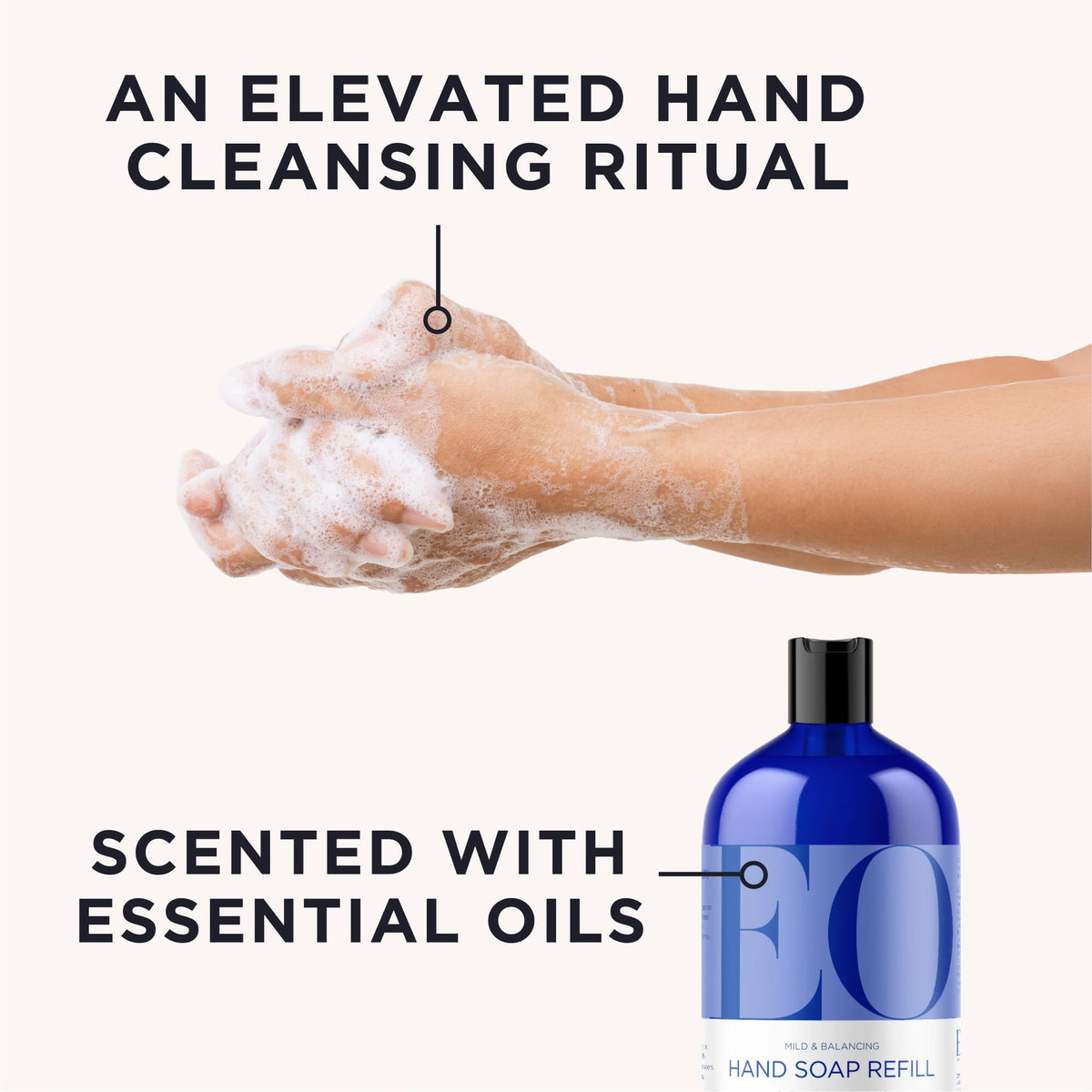 EO pump close-up dispensing gentle lavender hand soap for easy refills