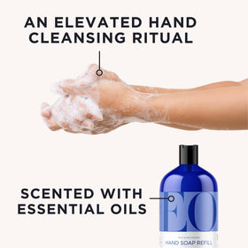 EO pump close-up dispensing gentle lavender hand soap for easy refills