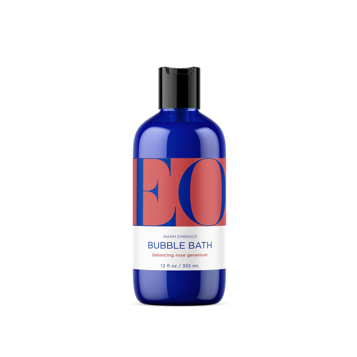 EO bottle front label showing Warm Embrace rose geranium scent and calming benefit