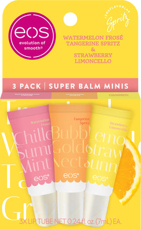 eos Amalfi Sunset front packaging showing three mini balms and vibrant labels for travel convenience