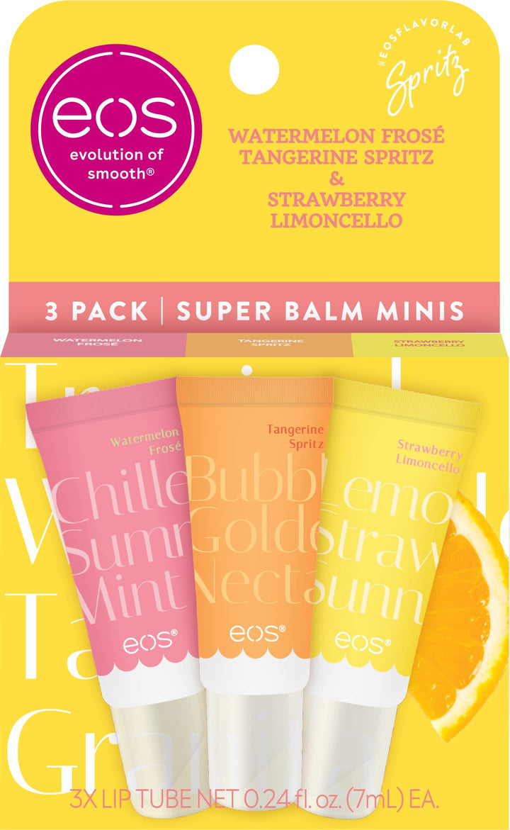 eos Amalfi Sunset front packaging showing three mini balms and vibrant labels for travel convenience