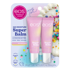 eos front packaging showing birthday cake flavor and two-pack convenience