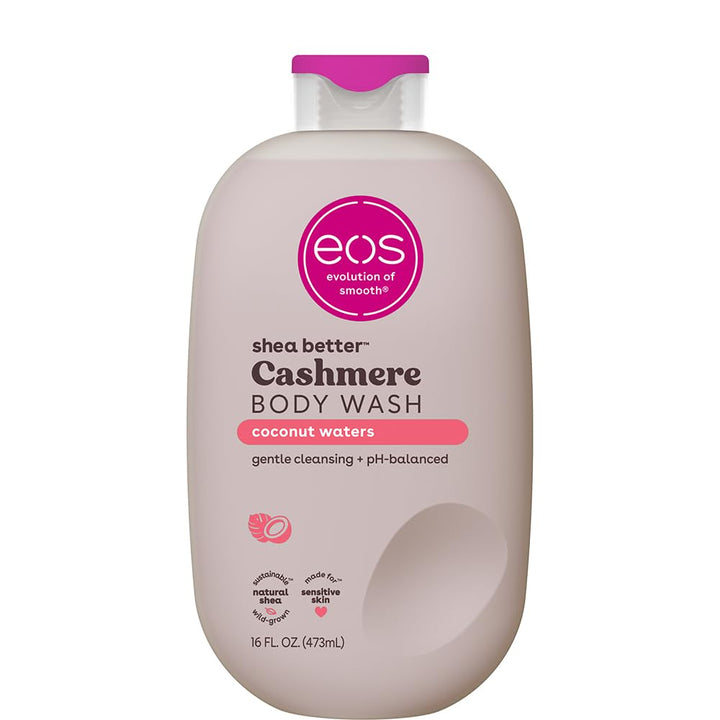 eos bottle front view showing Coconut Waters label and moisturizing benefit