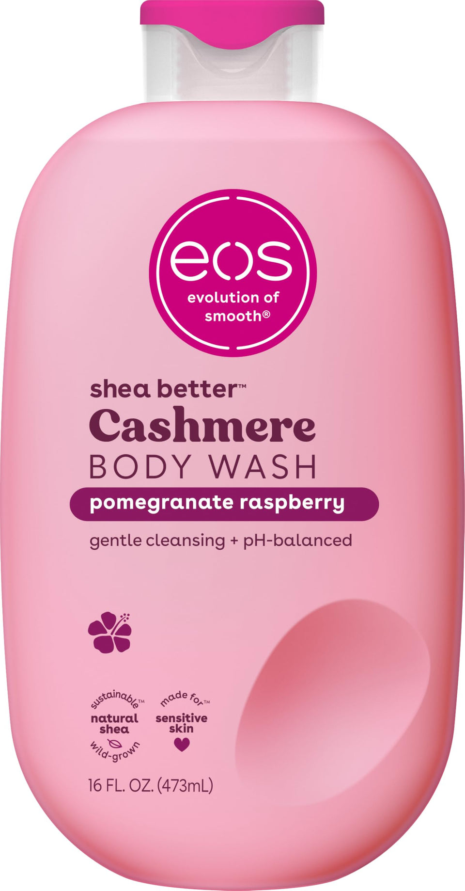 eos bottle front view showing pomegranate raspberry scent and moisturizing benefit