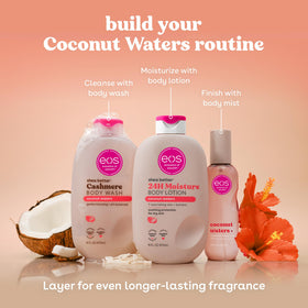 eos bottle placed by sand evoking coconut scent and beach freshness