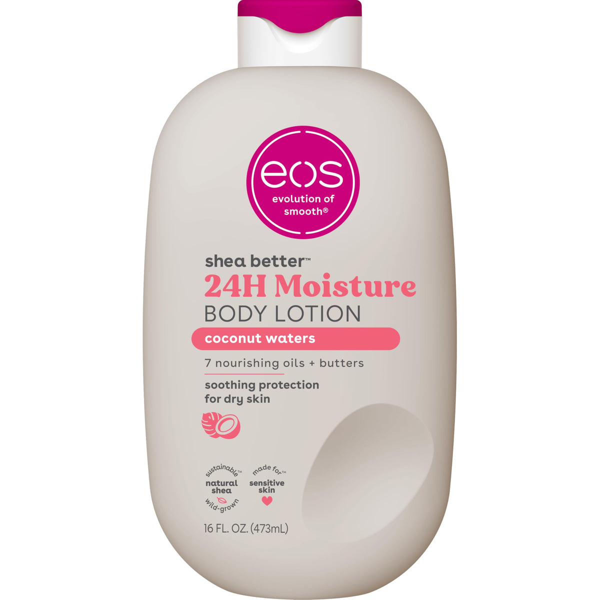 eos front pump bottle showing 16 fl oz size and tropical design