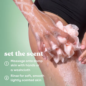 eos creamy lather on loofah demonstrating rich foam and gentle cleanse