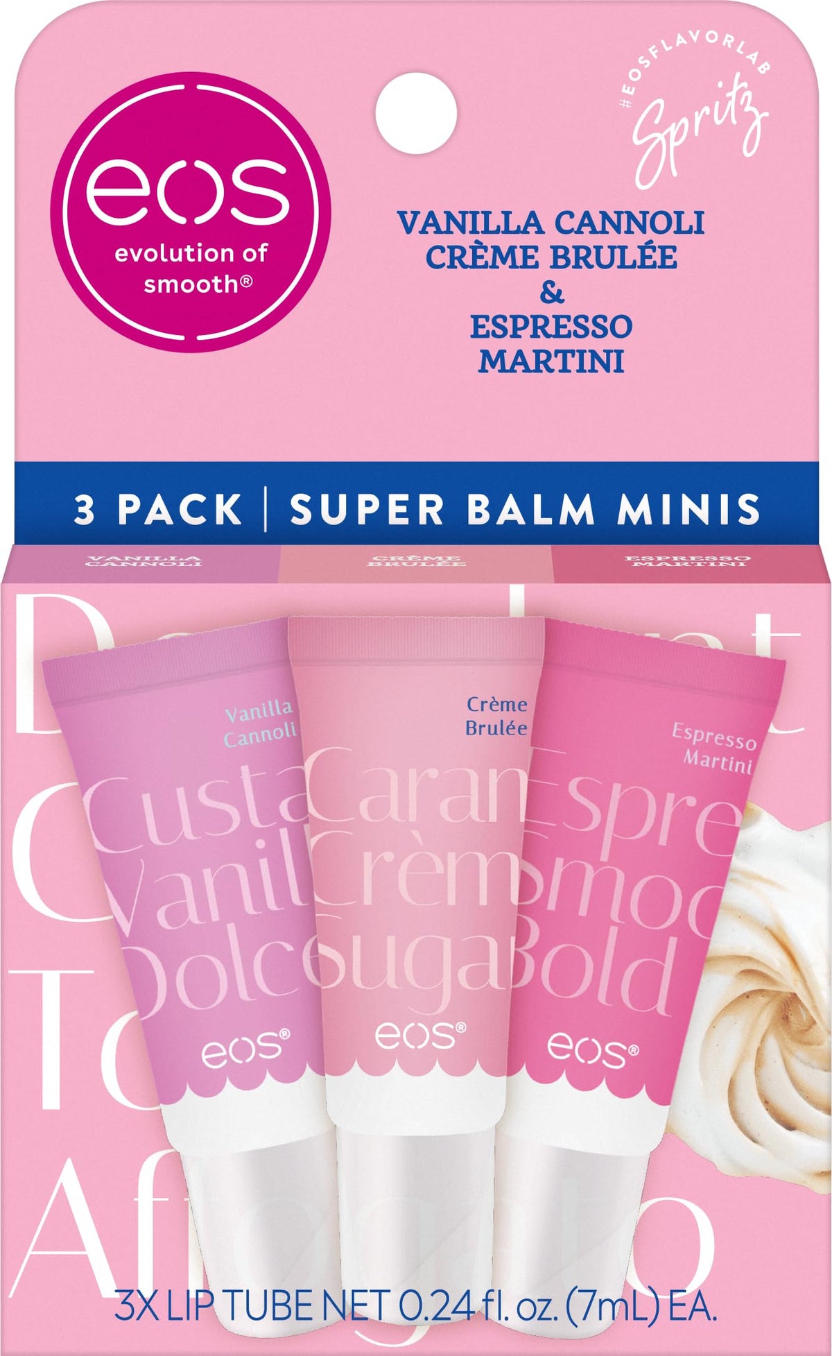 eos Dolce Vita front packaging trio showing travel-size balms and flavors