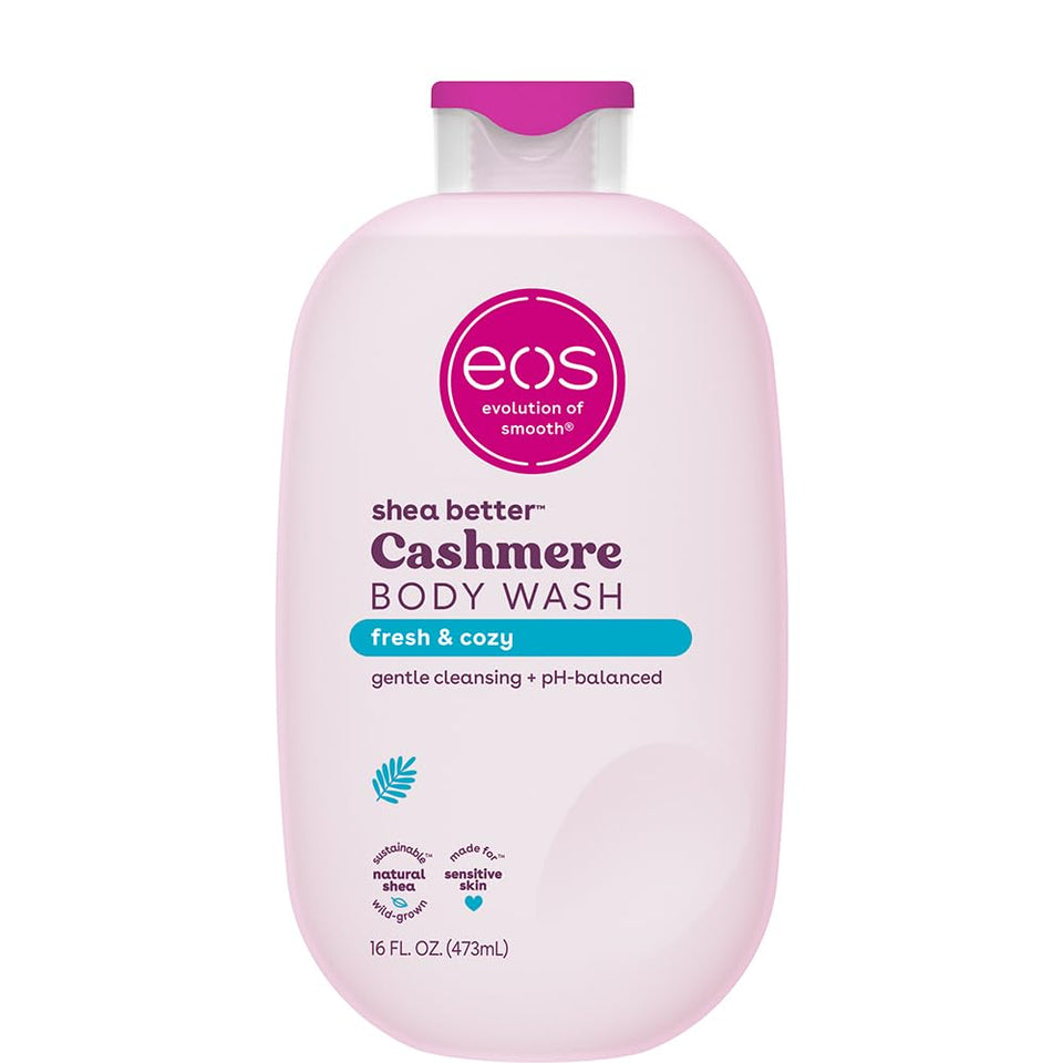 eos bottle front packaging showcasing Fresh & Cozy fragrance and benefits