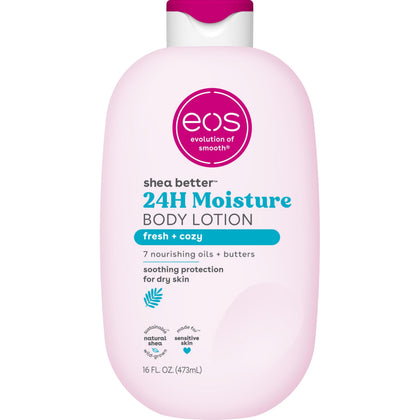 eos Fresh & Cozy front packaging showing 16 fl oz bottle and design, brand moisturizing benefit