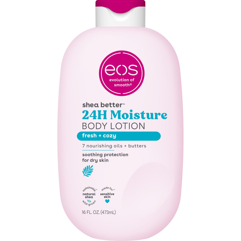 eos Fresh & Cozy front packaging showing 16 fl oz bottle and design, brand moisturizing benefit