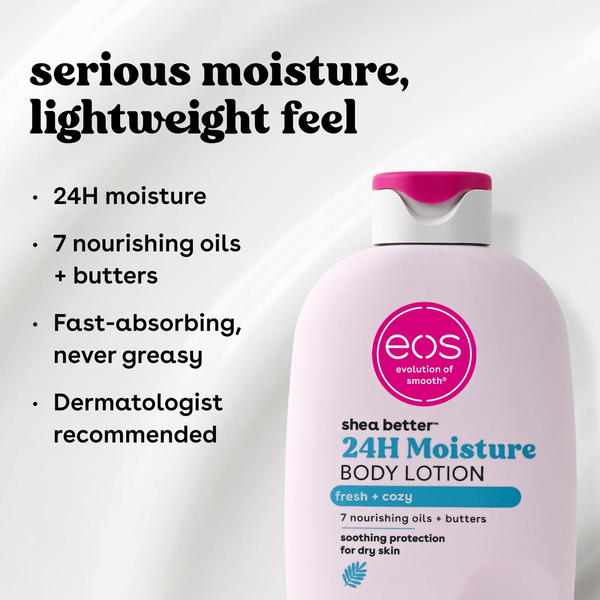 eos Fresh & Cozy applied to hand demonstrating fast absorption and silky skin