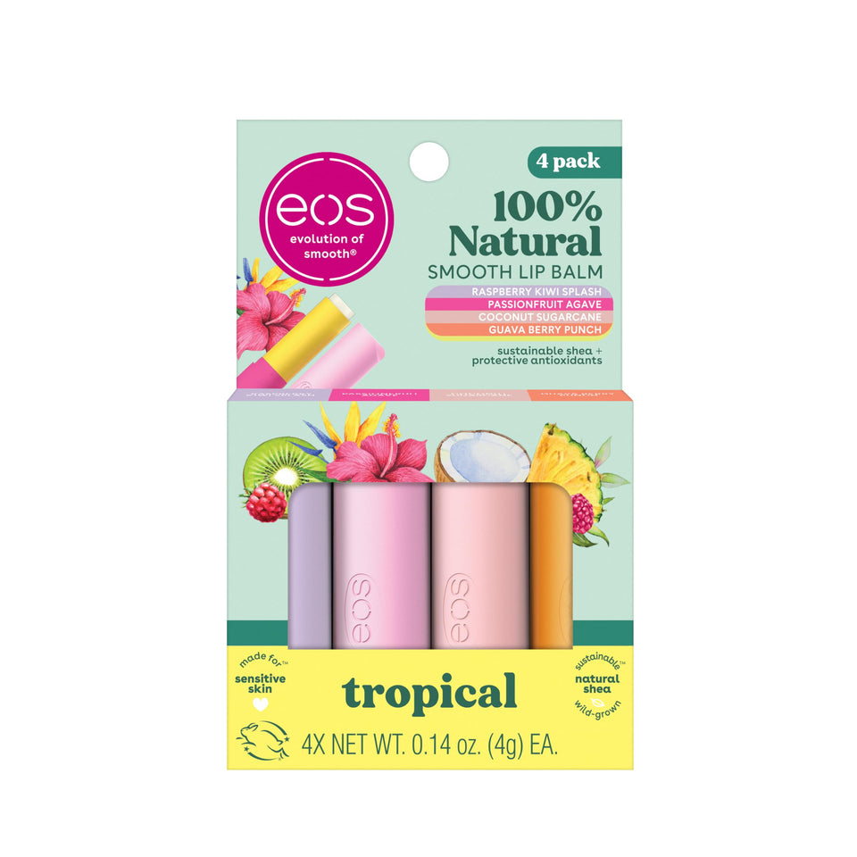 eos 4-pack front packaging showing four tropical balms and brand