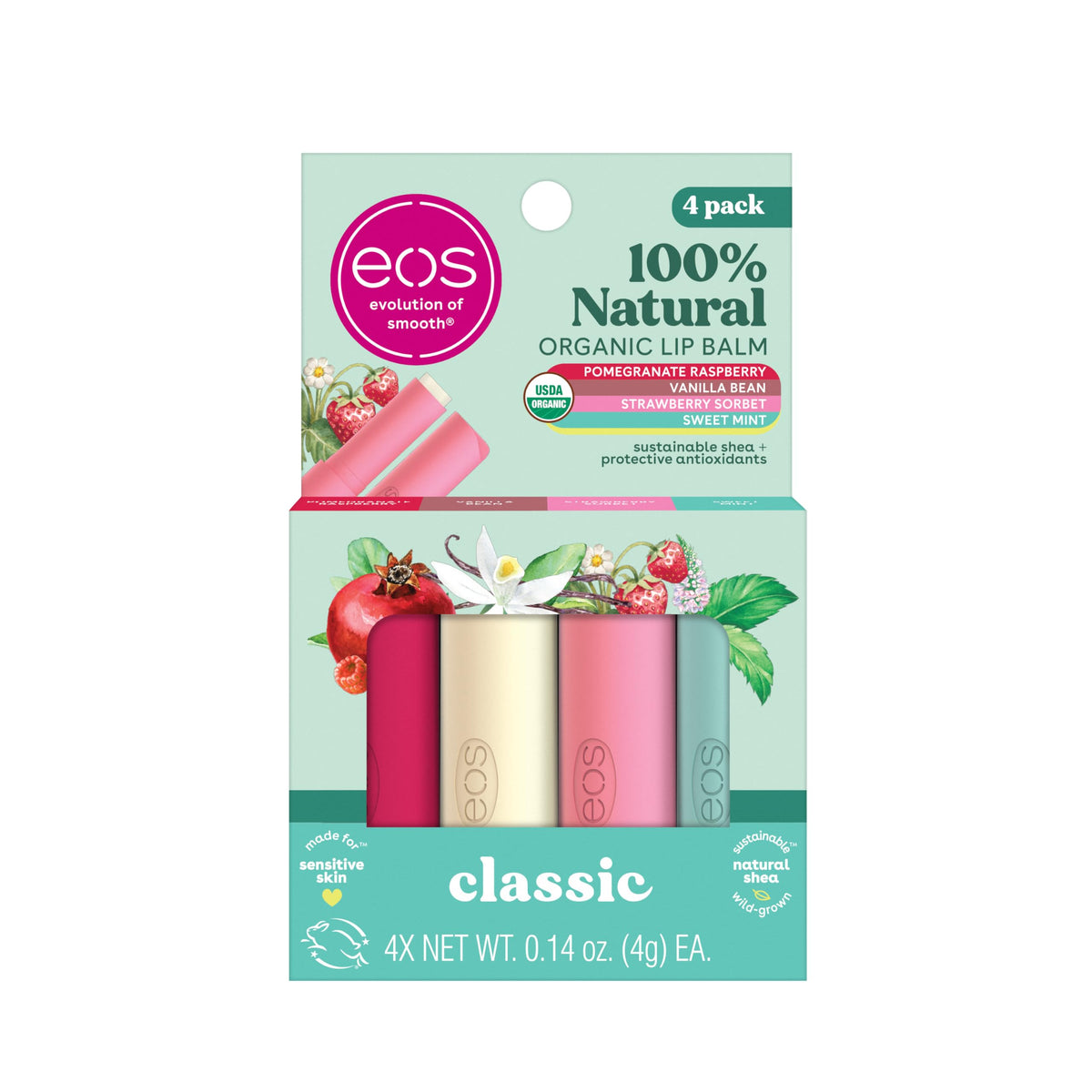 eos four-pack front packaging showing all flavors and organic seal