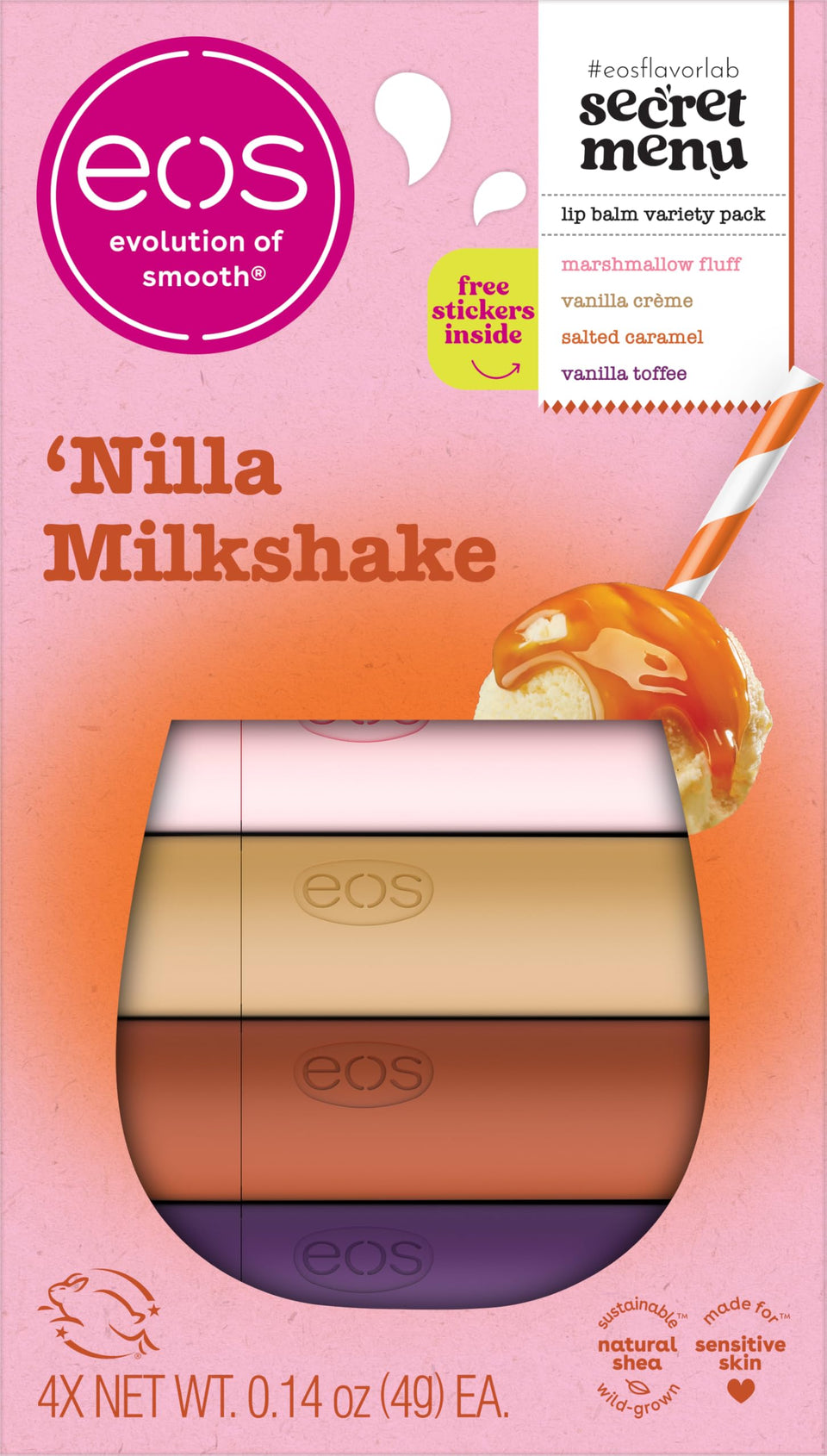 eos front packaging of 'Nilla Milkshake 4-pack showing flavors and gift-ready box
