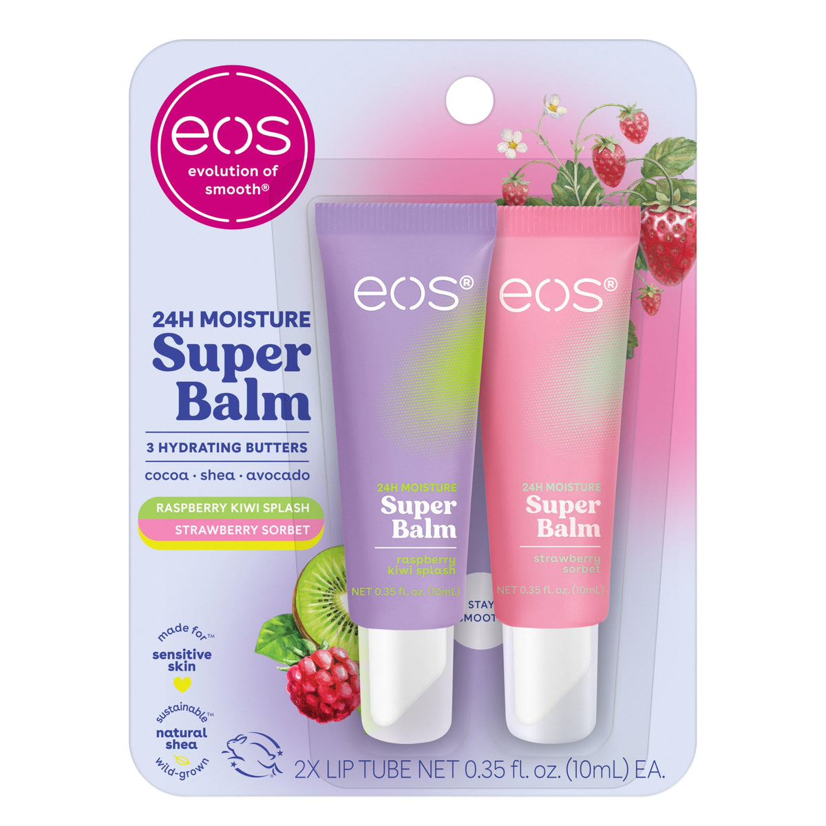 eos front packaging showing both raspberry kiwi and strawberry sorbet balms for easy selection and hydration