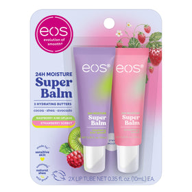 eos front packaging showing both raspberry kiwi and strawberry sorbet balms for easy selection and hydration