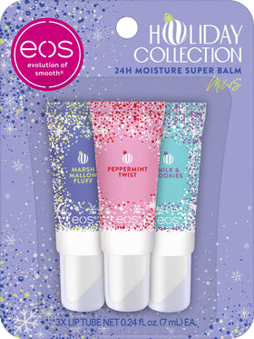eos holiday trio front packaging showing three mini balms and festive labels for gifting