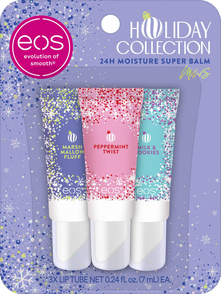 eos holiday trio front packaging showing three mini balms and festive labels for gifting