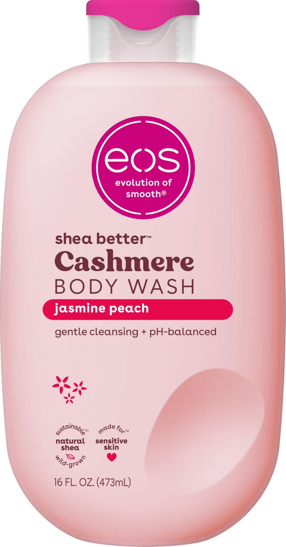 eos front bottle of Jasmine Peach body wash shows scent and size benefit