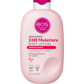 eos front pump bottle showing jasmine peach scent and easy dispensing benefit