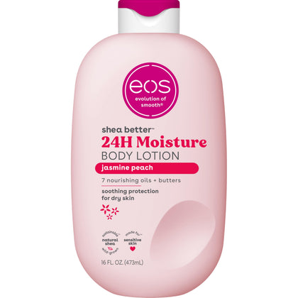 eos front pump bottle showing jasmine peach scent and easy dispensing benefit