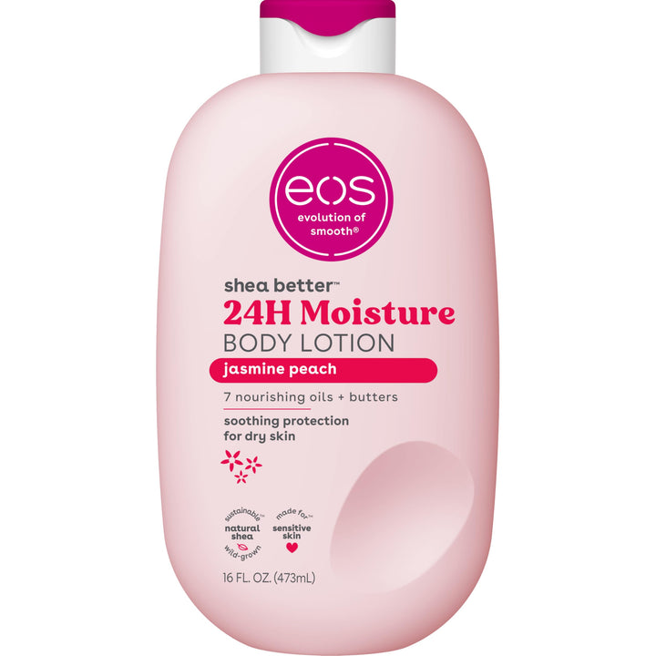 eos front pump bottle showing jasmine peach scent and easy dispensing benefit