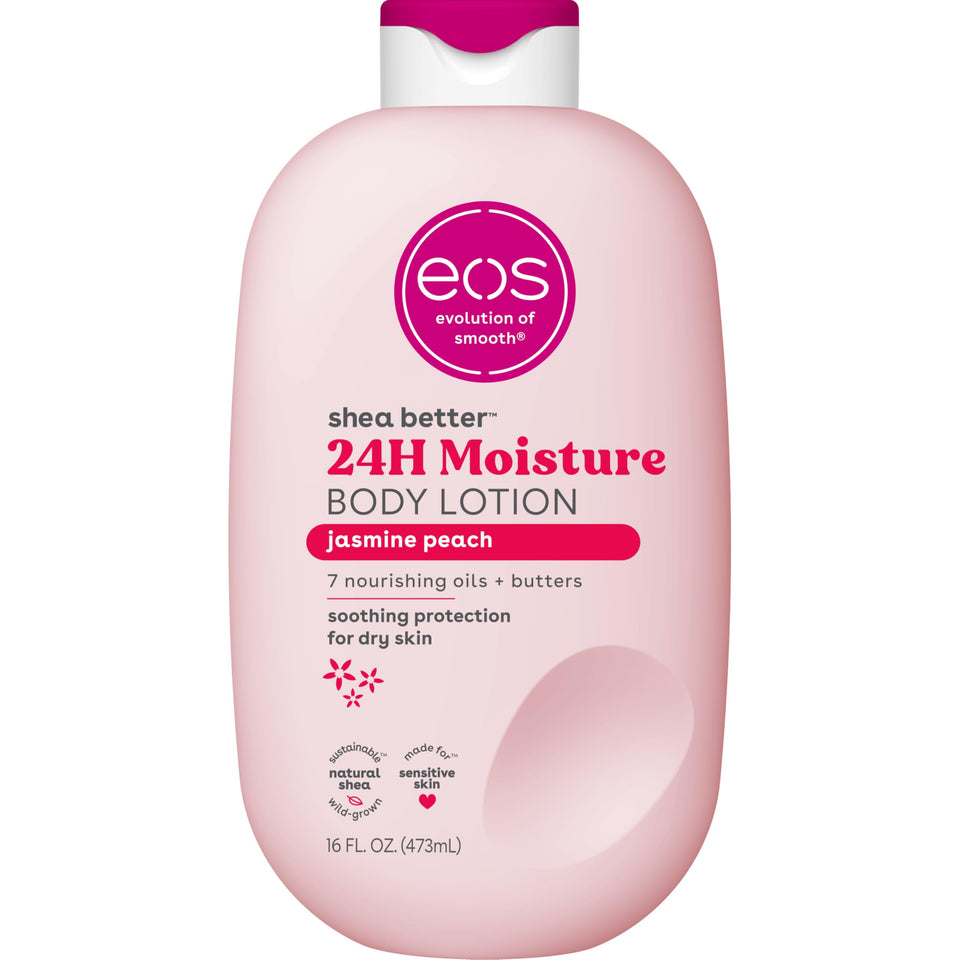eos front pump bottle showing jasmine peach scent and easy dispensing benefit