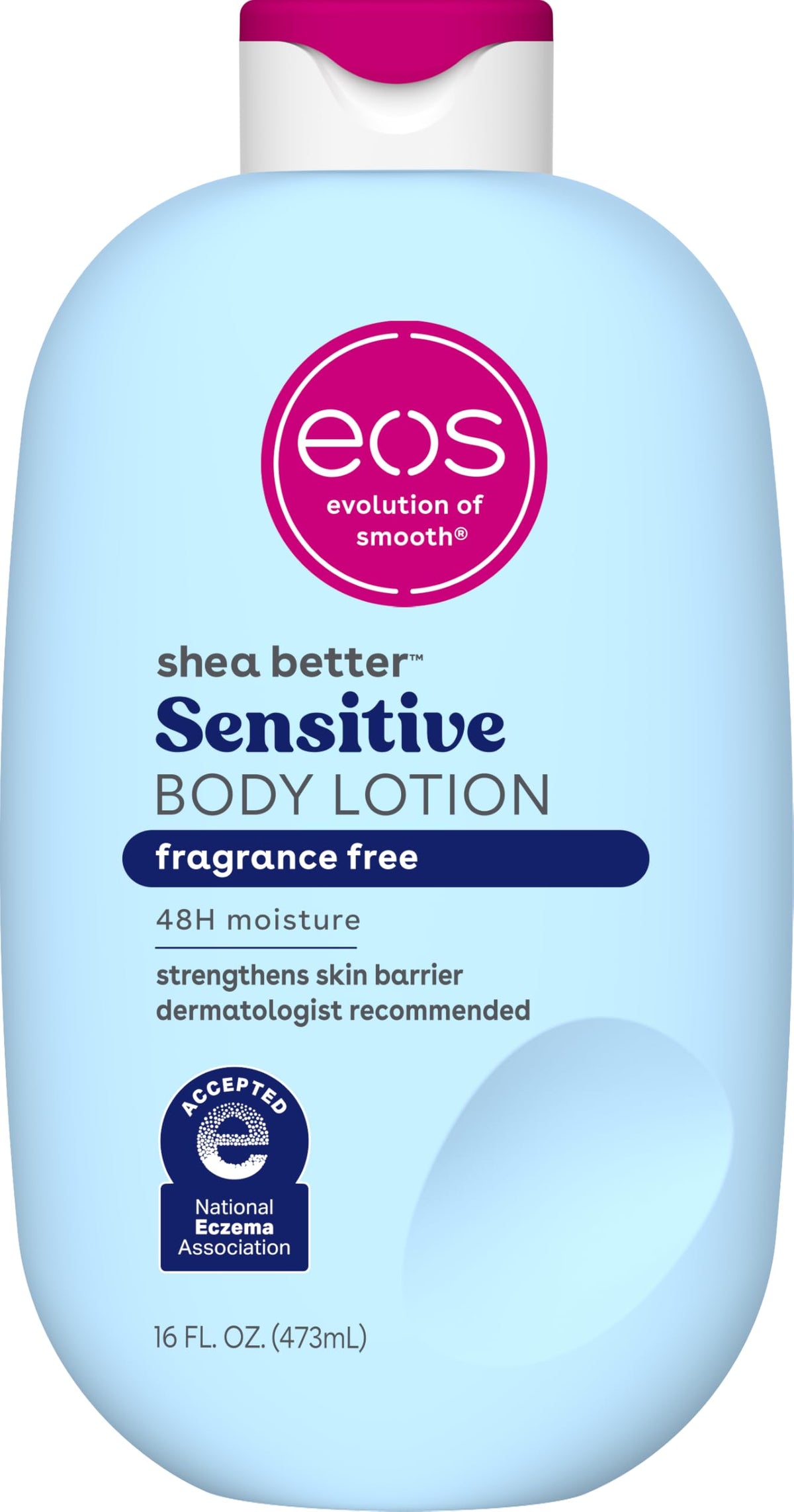 eos bottle front view showing label and size, clear moisturizing benefits